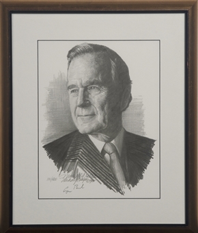 Lot of (2) George H.W. Bush & Barbara Bush Signed Portrait Lithographs In 15.5 x 18.5 Framed Display (PSA/DNA)